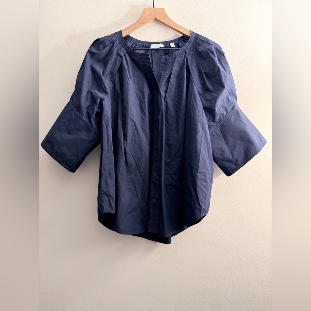A.L.C. Chloe Blouse Top Navy Blue Cotton 1/2 Sleeve Button Down Sz 14 - Picture 4 of 9